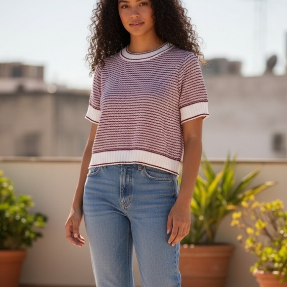 Tops - Womens Striped Print Rib Knit Short Sleeve Crop Retro Look Lg